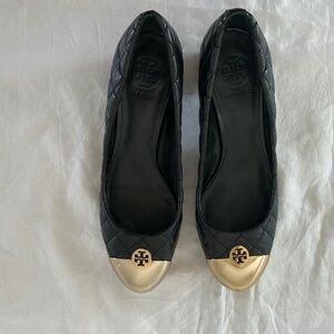 Tory Burch Black Quilted Leather Block Heels with Gold Cap Toe ( Size: 8)